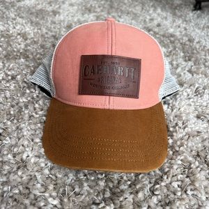 carhartt ball cap peach and white mesh back leather front brown lid